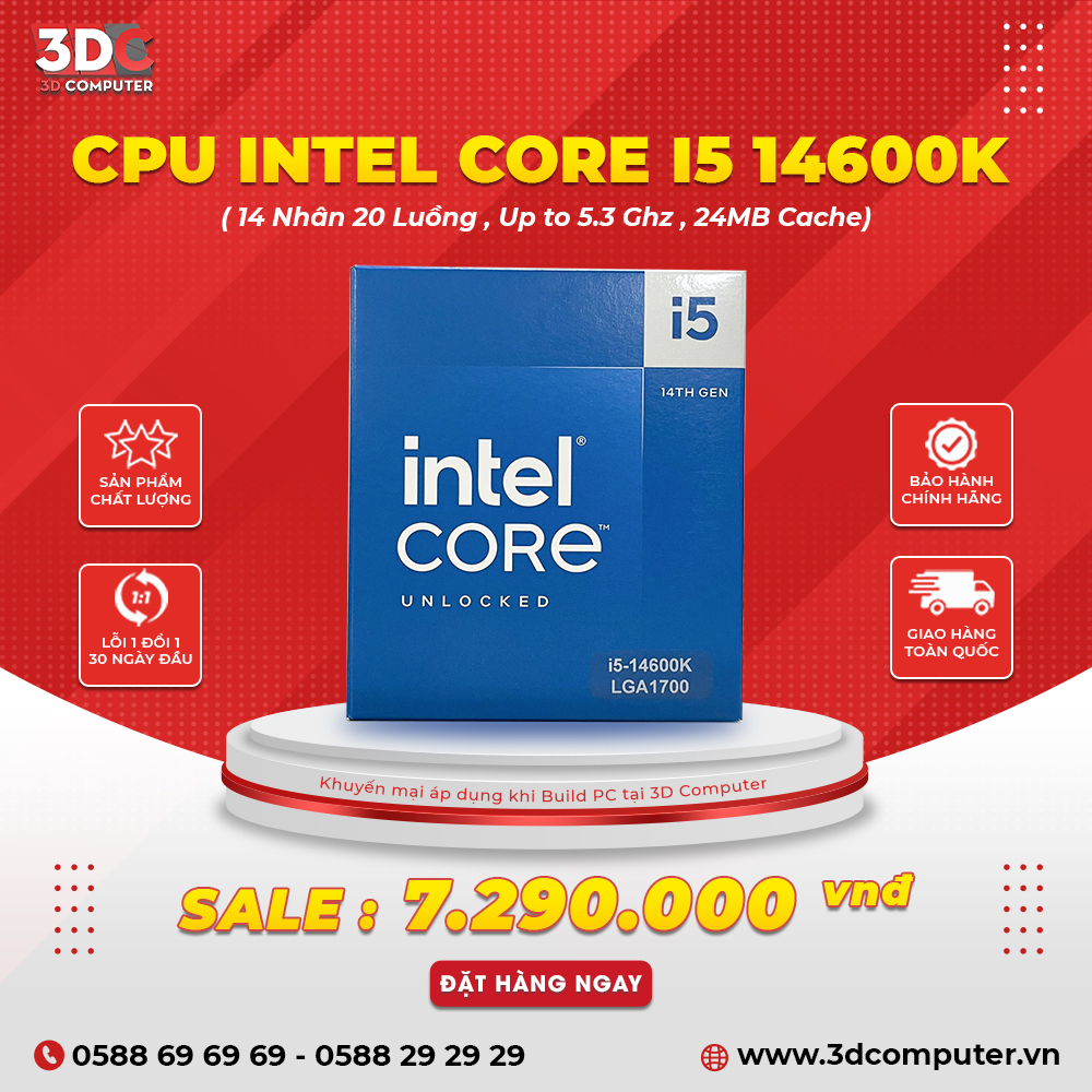 CPU Intel Core i5 14600K (14 Nhân 20 Luồng, Up to 5.3 GHz, 24MB Cache, Raptor Lake Refresh)