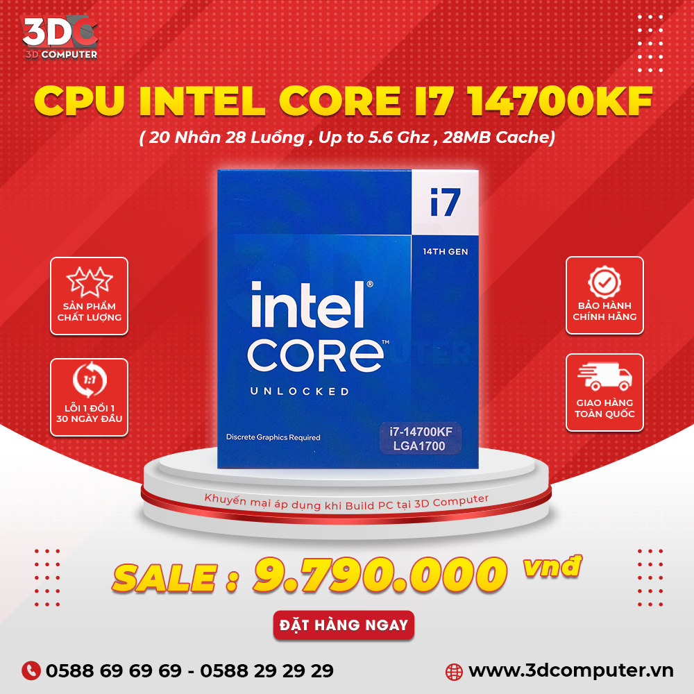 CPU Intel Core I7 14700KF (20 Nhân 28 Luồng, Up to 5.6 GHz, 33MB Cache, Raptor Lake Refresh)
