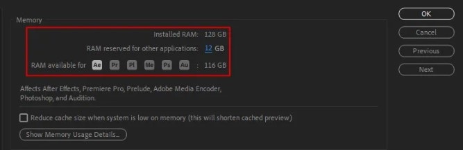 tối ưu ram cho after effects