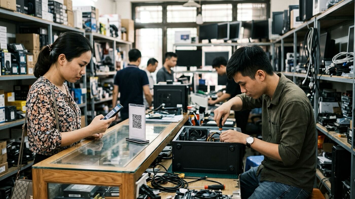 Khách quét bảng tạo mã qr thanh toán cho cửa hàng máy tính